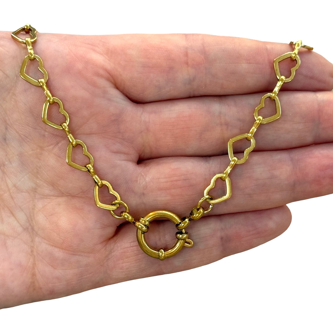Waterproof 24Kt PVD Gold Plated Stainless Steel Open Heart Link Necklace with Charm Holder Spring Ring Clasp