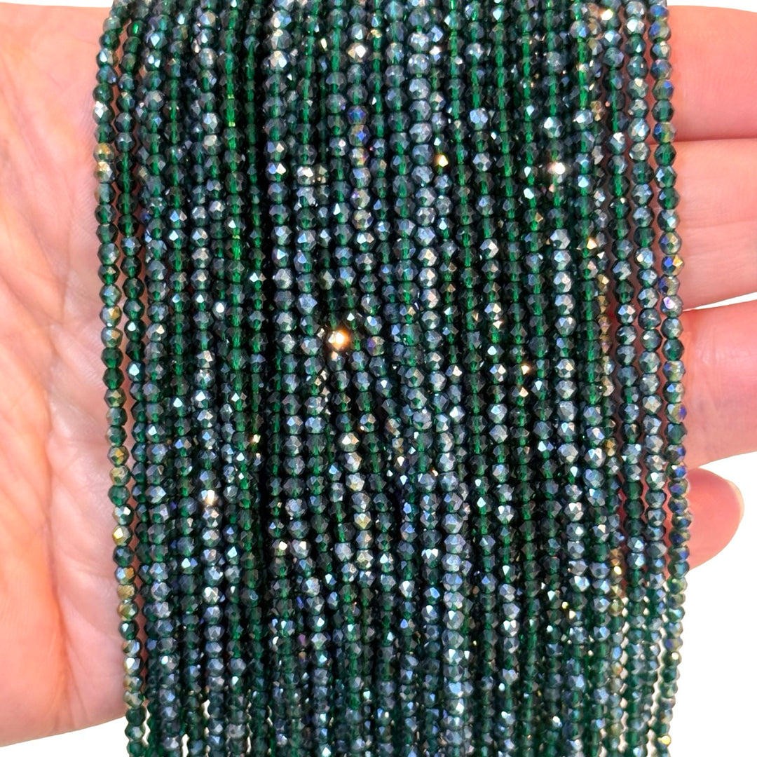 2mm Dark Emerald Green AB Faceted Round Crystal Beads