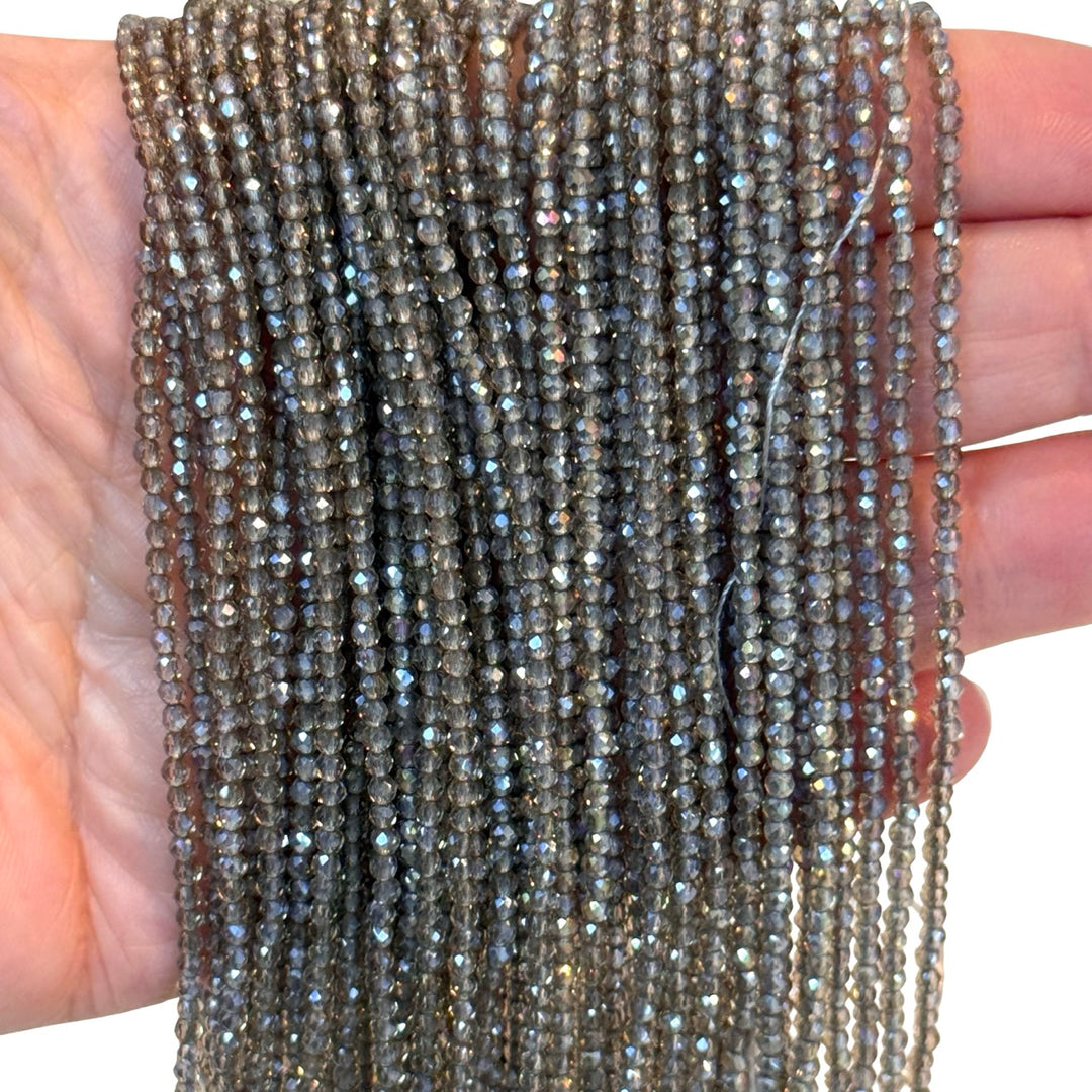 2mm Smoky Grey AB Faceted Round Crystal Beads