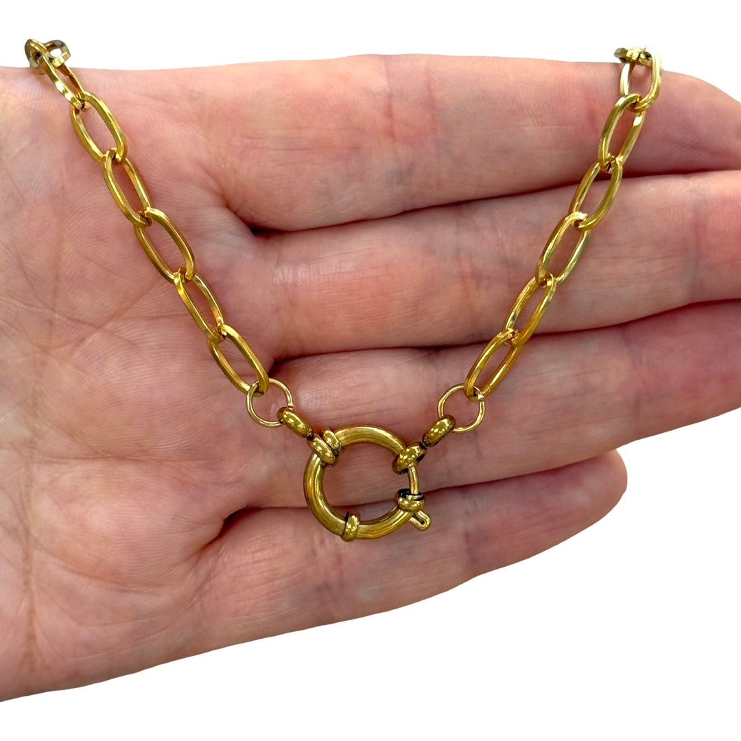Waterproof 24Kt PVD Gold Plated Stainless Steel Long Oval Link Necklace with Charm Holder Spring Ring Clasp