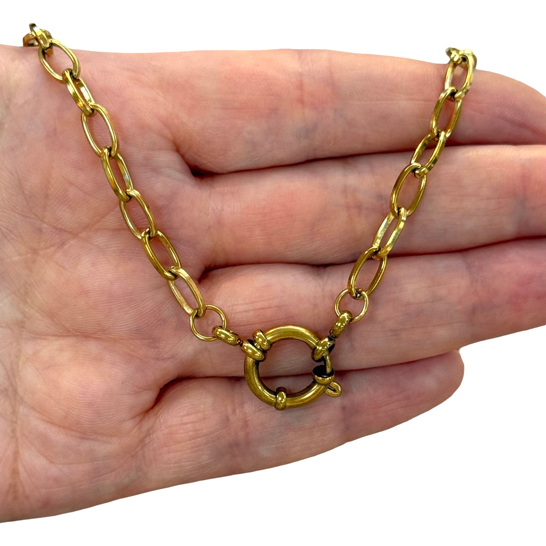 Waterproof 24Kt PVD Gold Plated Stainless Steel Oval Link Necklace with Charm Holder Spring Ring Clasp