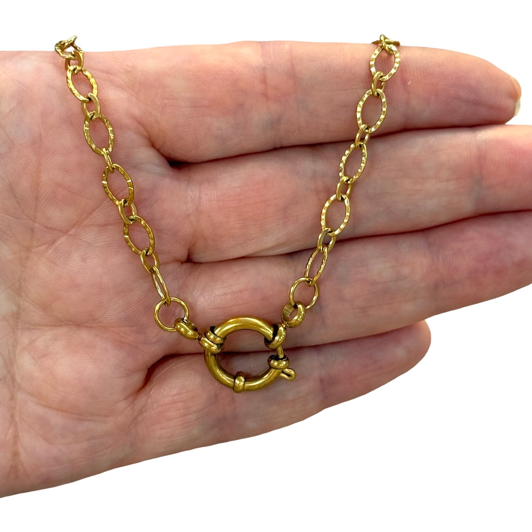 Waterproof 24Kt PVD Gold Plated Stainless Steel Fine Textured Oval Link Necklace with Charm Holder Spring Ring Clasp