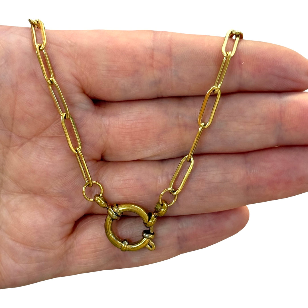 Waterproof 24Kt PVD Gold Plated Stainless Steel Long Paperclip Link Necklace with Charm Holder Spring Ring Clasp