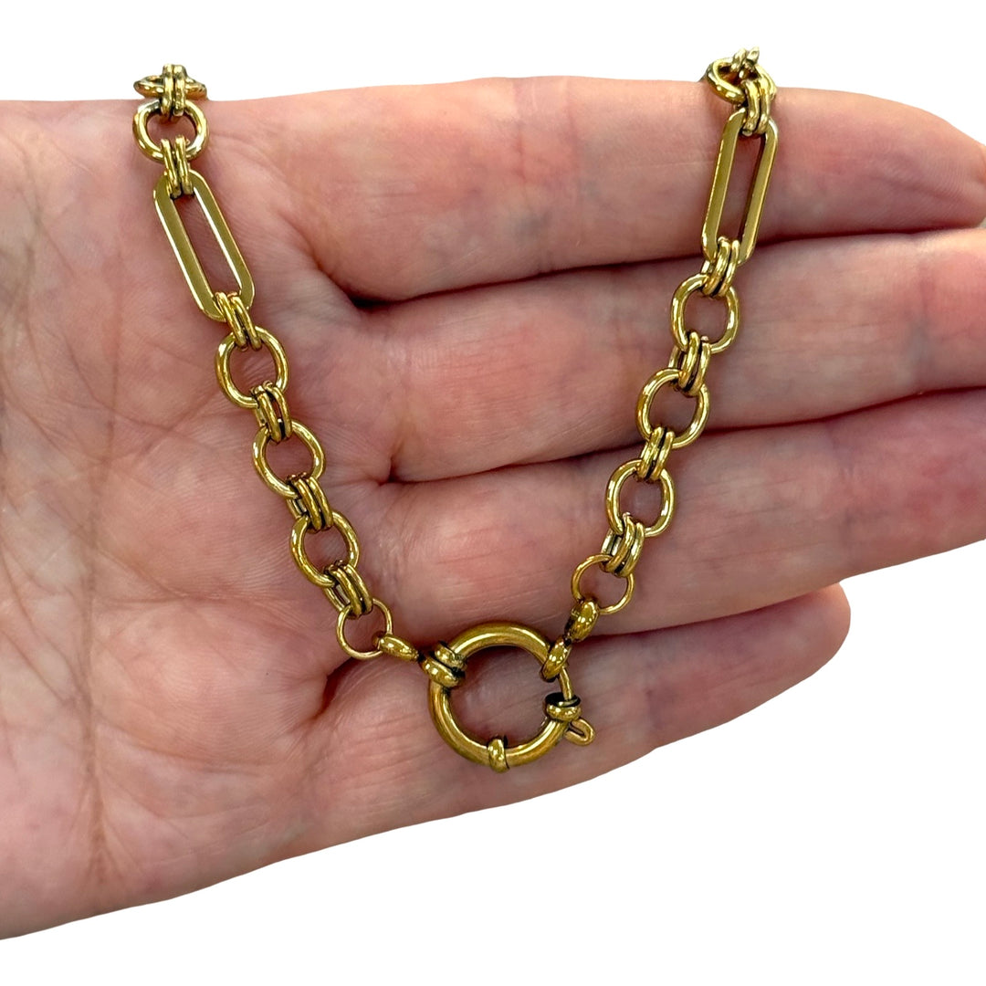 Waterproof 24Kt PVD Gold Plated Stainless Steel Mixed Link Necklace with Charm Holder Spring Ring Clasp