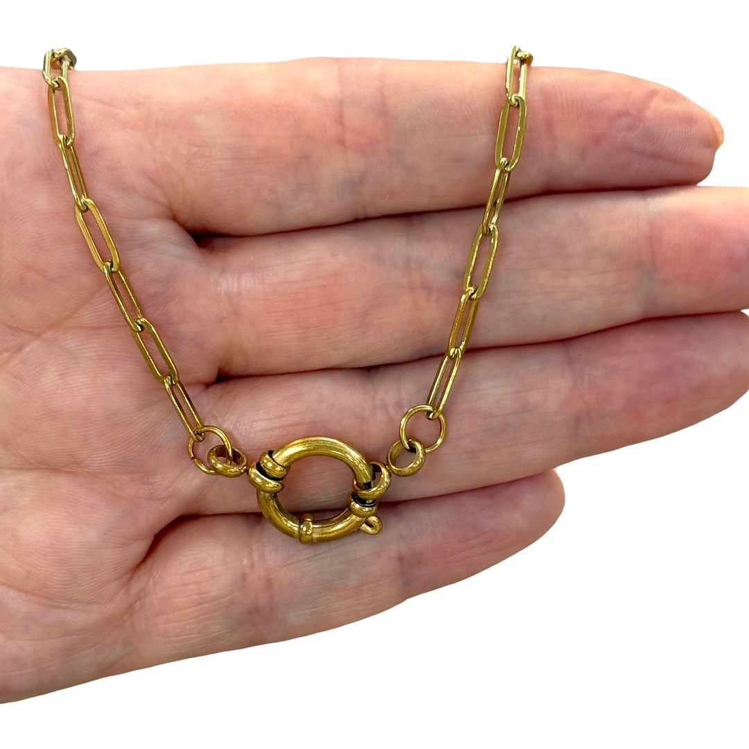 Waterproof 24Kt PVD Gold Plated Stainless Steel Slim Paperclip Link Necklace with Charm Holder Spring Ring Clasp