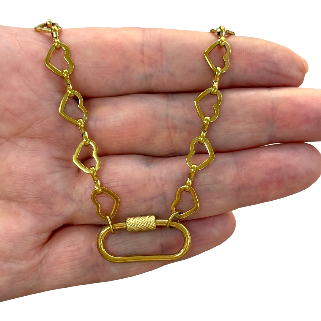 Waterproof 24Kt PVD Gold Plated Stainless Steel Open Heart Link Necklace with Charm Holder Carabiner Screw Lock Clasp