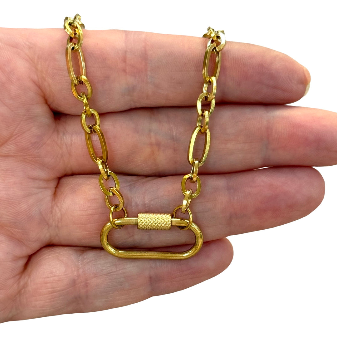 Waterproof 24Kt PVD Gold Plated Stainless Steel Mixed Oval Link Necklace with Charm Holder Carabiner Screw Lock Clasp