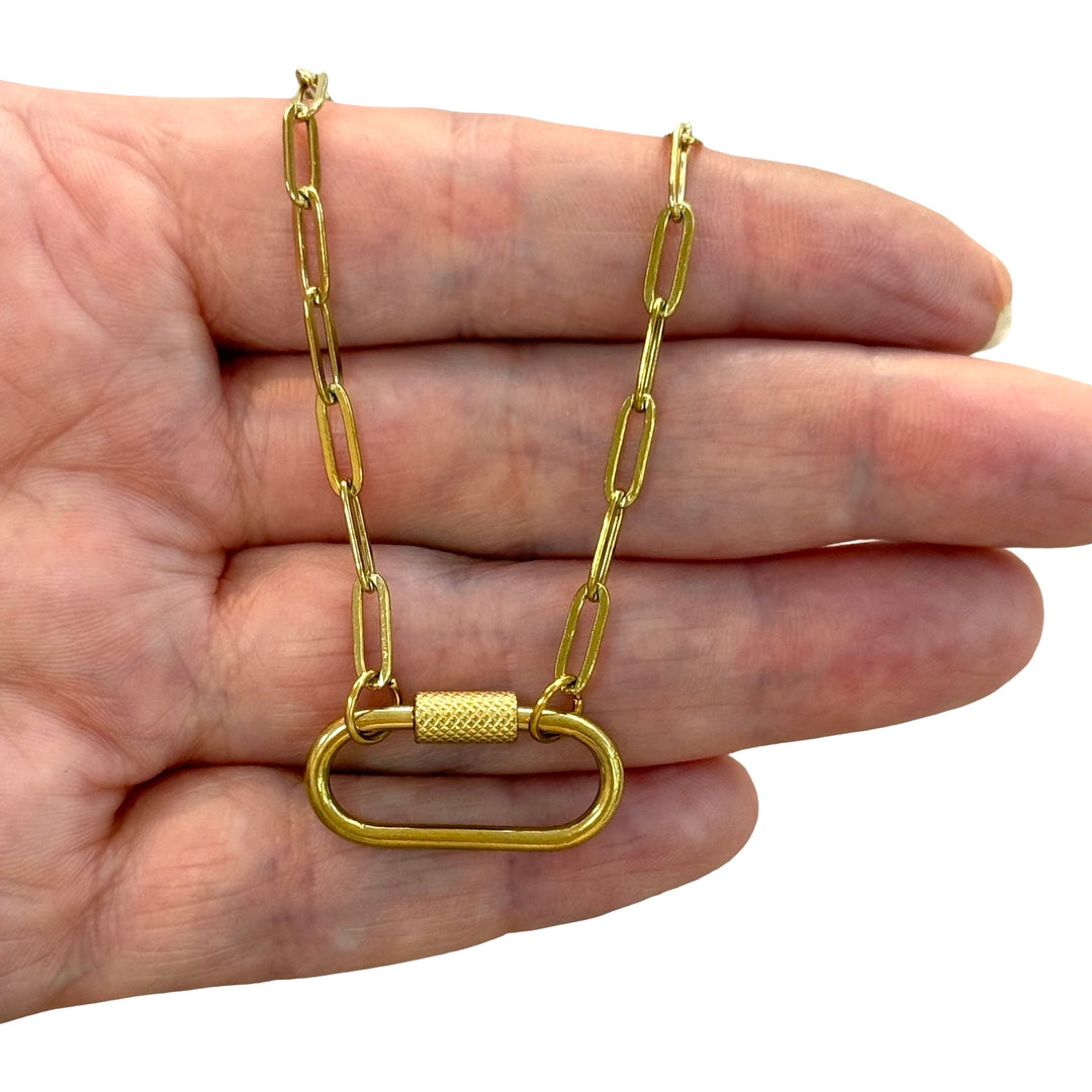 Waterproof 24Kt PVD Gold Plated Stainless Steel Long Paperclip Link Necklace with Charm Holder Carabiner Screw Lock Clasp