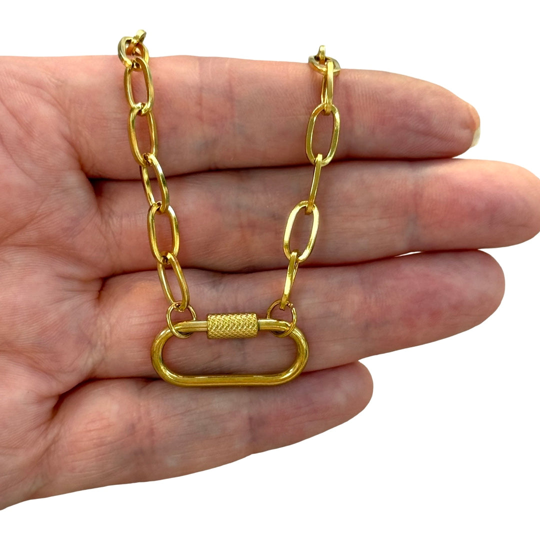 Waterproof 24Kt PVD Gold Plated Stainless Steel Oval Link Necklace with Charm Holder Carabiner Screw Lock Clasp