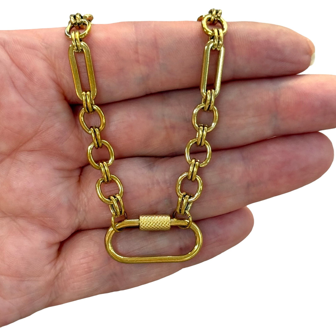Waterproof 24Kt PVD Gold Plated Stainless Steel Mixed Round &amp; Paperclip Link Necklace with Charm Holder Carabiner Screw Lock Clasp