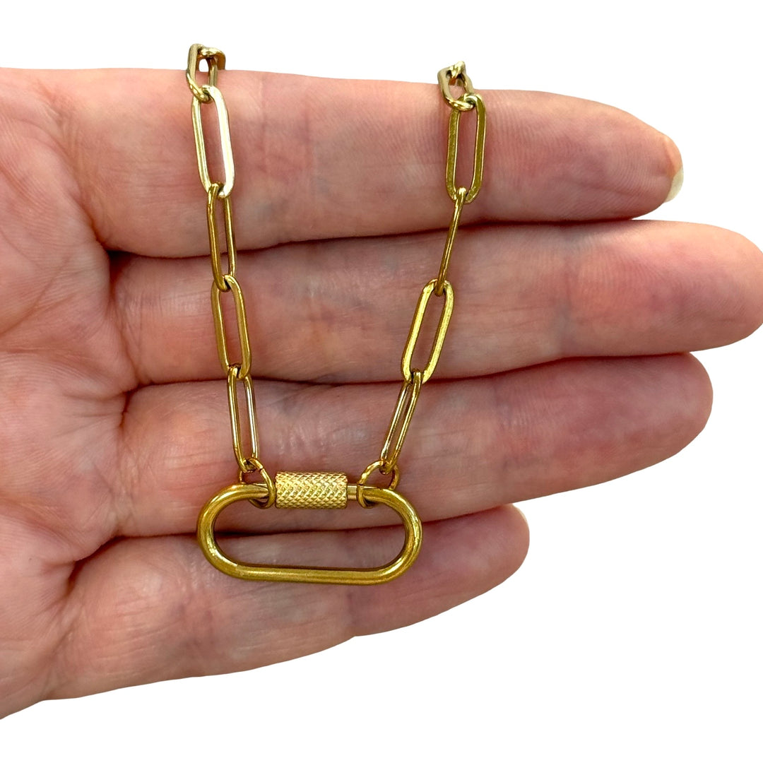 Waterproof 24Kt PVD Gold Plated Stainless Steel Long Paperclip Link Necklace with Charm Holder Carabiner Screw Lock Clasp