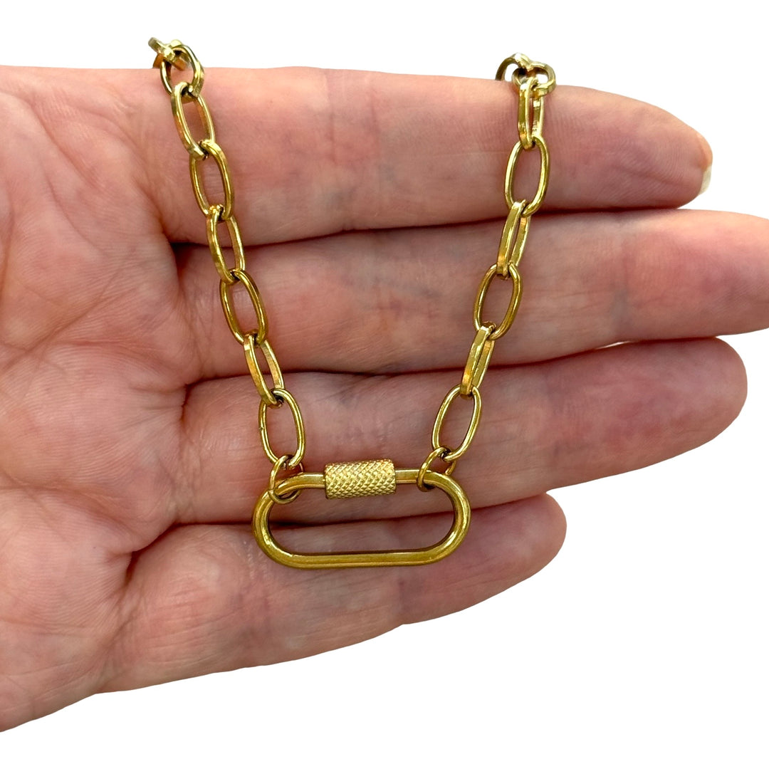 Waterproof 24Kt PVD Gold Plated Stainless Steel Alternating Oval Link Necklace with Charm Holder Carabiner Screw Lock Clasp