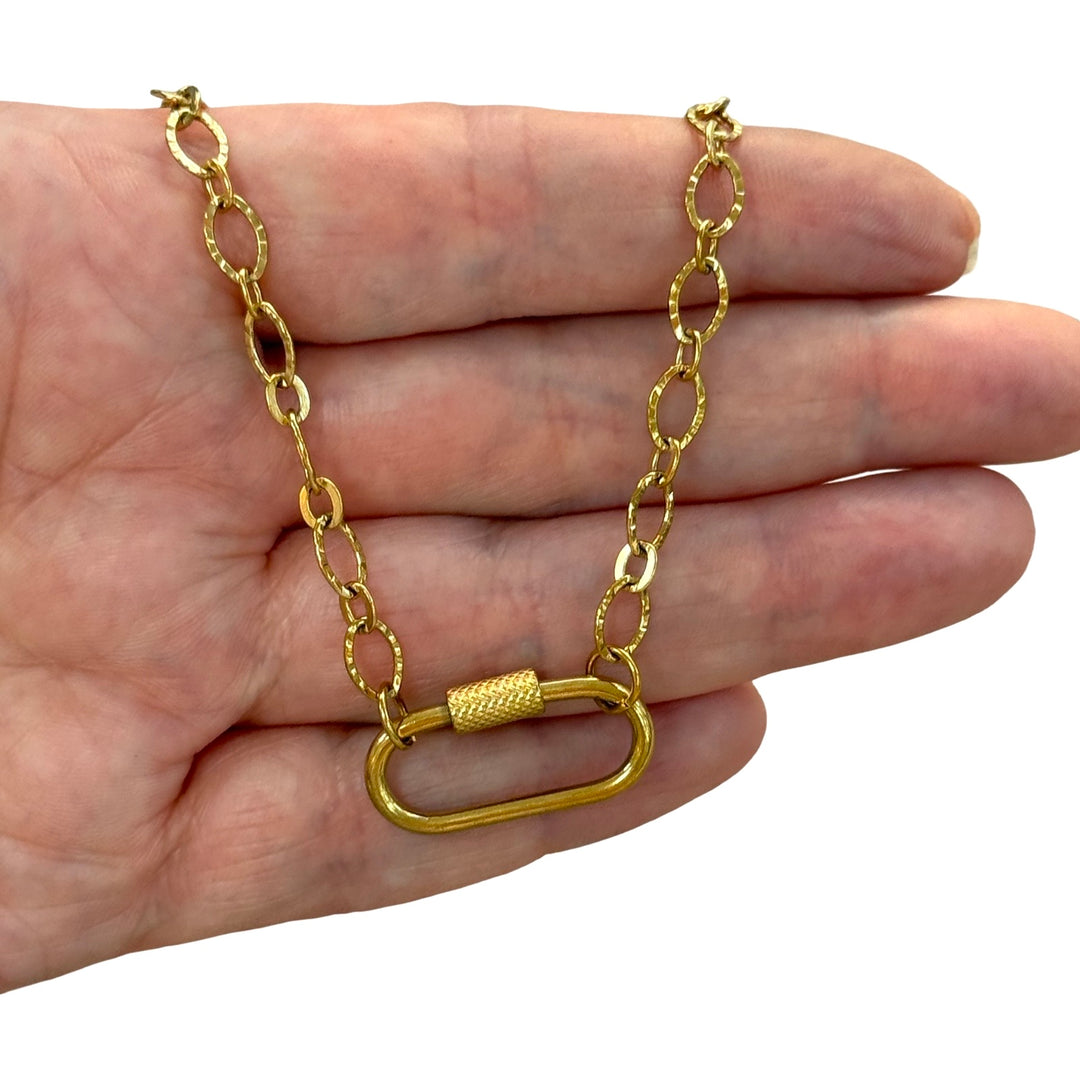 Waterproof 24Kt PVD Gold Plated Stainless Steel Textured Alternating Oval Link Necklace with Charm Holder Carabiner Screw Lock Clasp