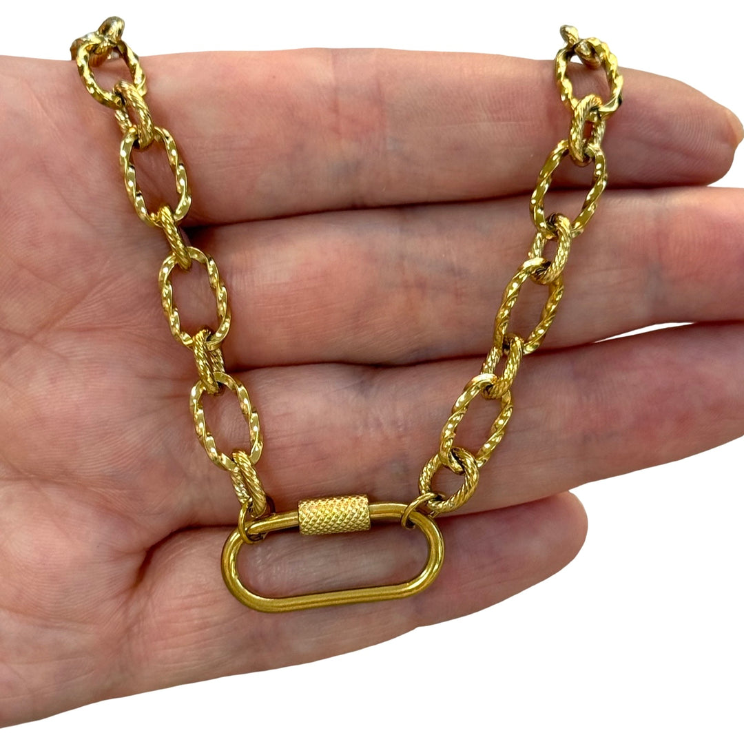 Waterproof 24Kt PVD Gold Plated Stainless Steel Textured Oval Link Necklace with Charm Holder Carabiner Screw Lock Clasp