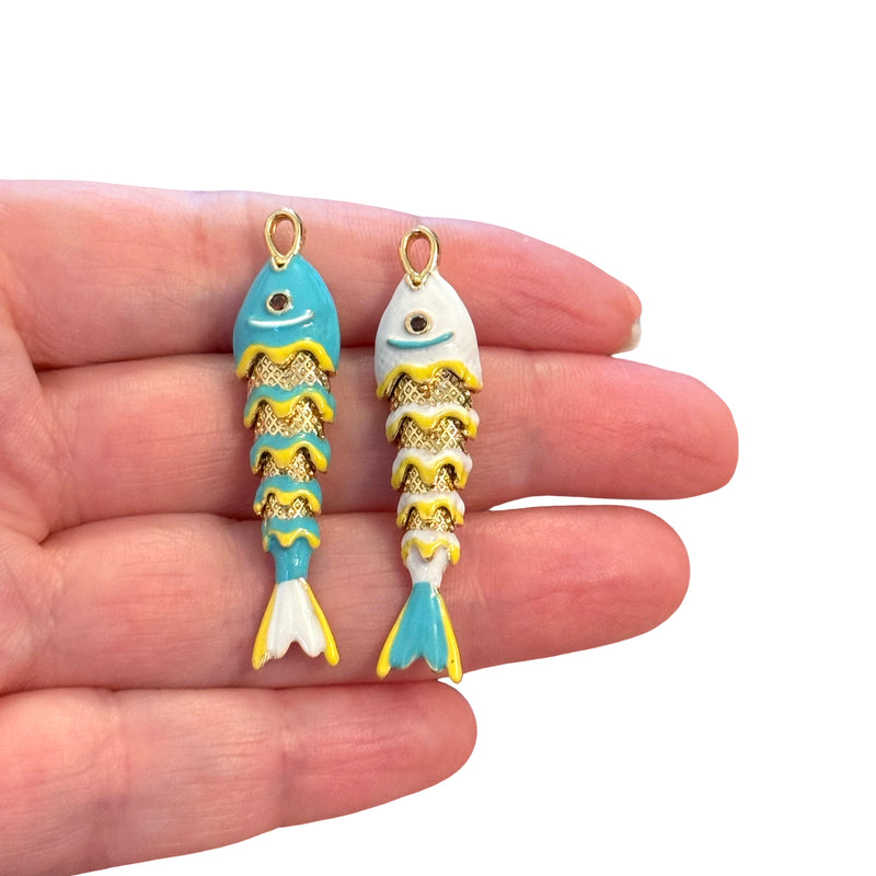 24Kt Gold Plated Enamel Fish Pendant – Articulated Fish Charm, 3D 5-Segment Design