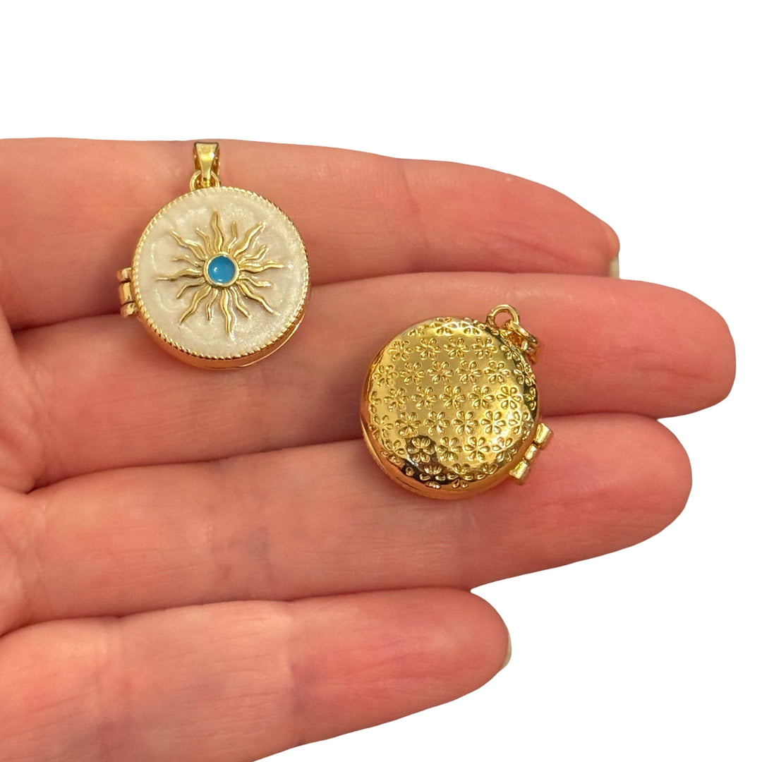 24Kt Gold Plated Ivory Enamel Sun Locket Pendant with Turquoise Center – Round Hinged Locket, Floral Back, Opens &amp; Closes