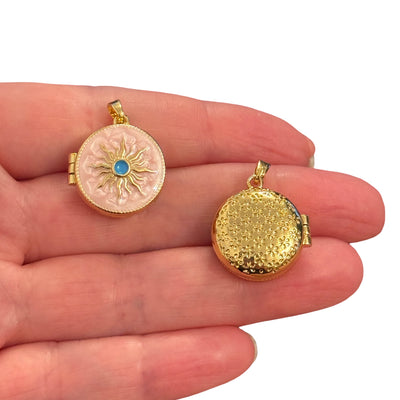 24Kt Gold Plated Pink Enamel Sun Locket Pendant with Blue Center – Round Hinged Locket, Floral Back, Opens & Closes