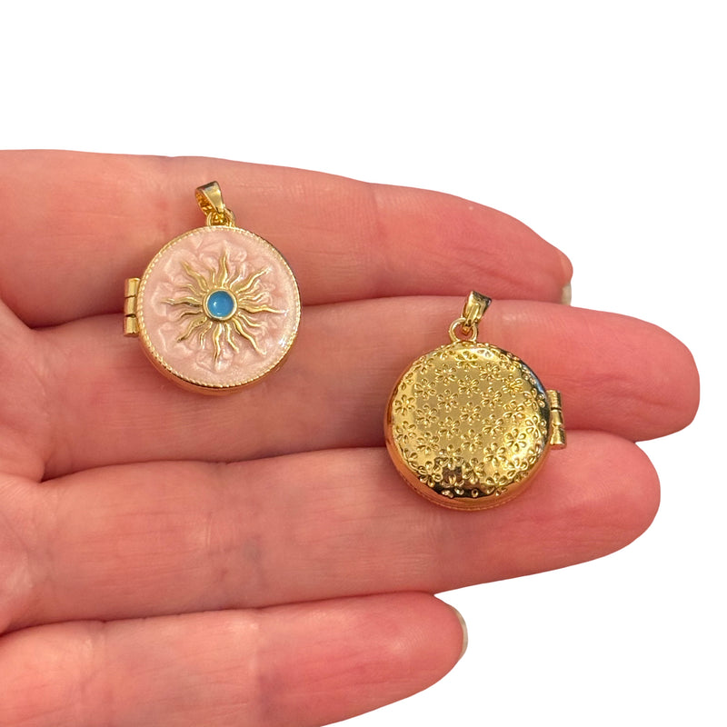 24Kt Gold Plated Pink Enamel Sun Locket Pendant with Blue Center – Round Hinged Locket, Floral Back, Opens & Closes