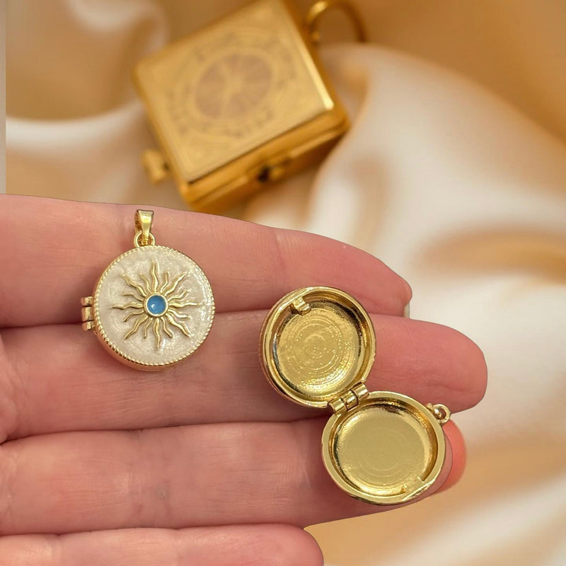 24Kt Gold Plated Ivory Enamel Sun Locket Pendant with Turquoise Center – Round Hinged Locket, Floral Back, Opens & Closes