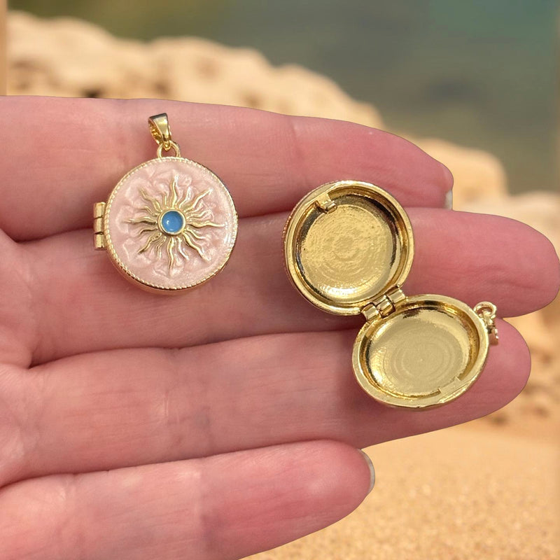 24Kt Gold Plated Pink Enamel Sun Locket Pendant with Blue Center – Round Hinged Locket, Floral Back, Opens & Closes