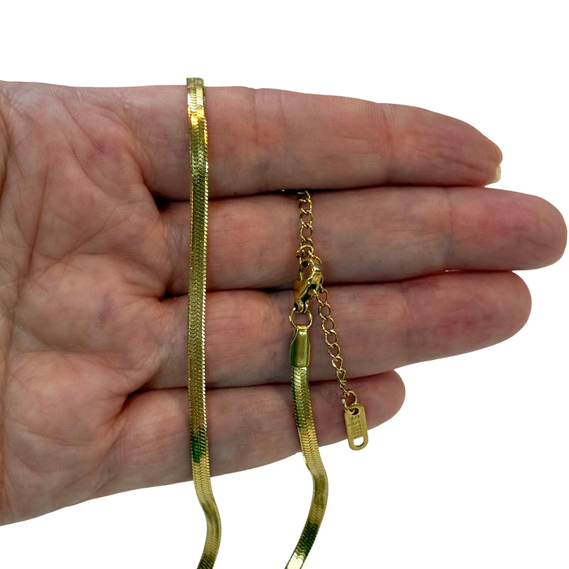 Waterproof Stainless Steel 24Kt Gold Filled Ready Necklace – 3mm Flat Snake Chain with 2" Extender