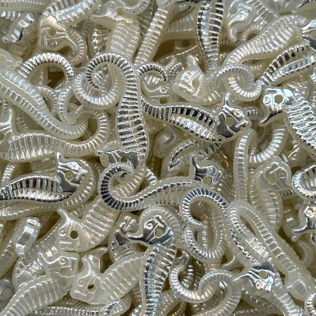 Pearl &amp; Metallic Silver Acrylic Seahorse Beads 