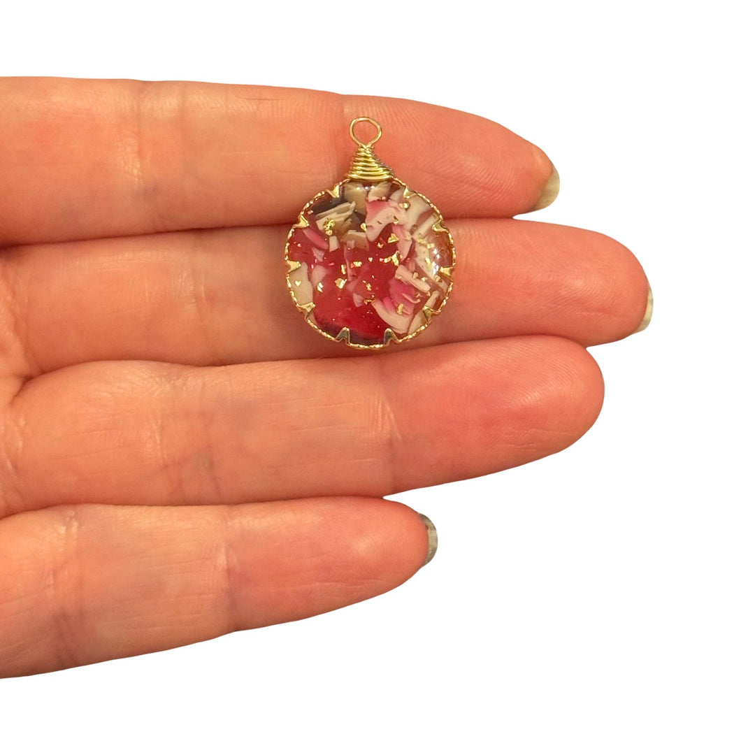 Real Dried Flower Petal Epoxy Resin Round Pendant – Red, Pink &amp; Ivory with Gold Foil, Approx 26x19mm