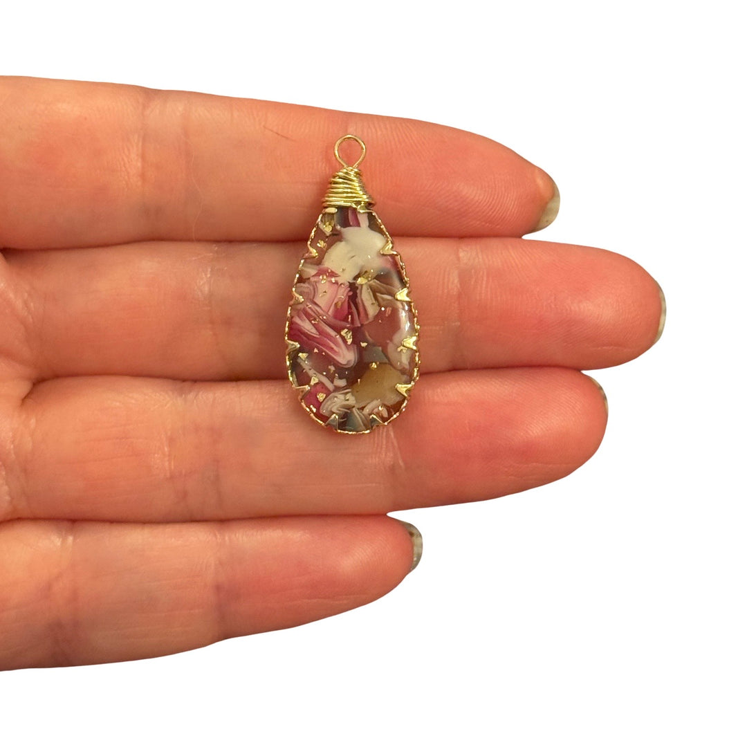 Pink Blossom Petal Teardrop Epoxy Resin Pendant with Gold Leaf – Gold Framed Floral Charm, 33x15mm