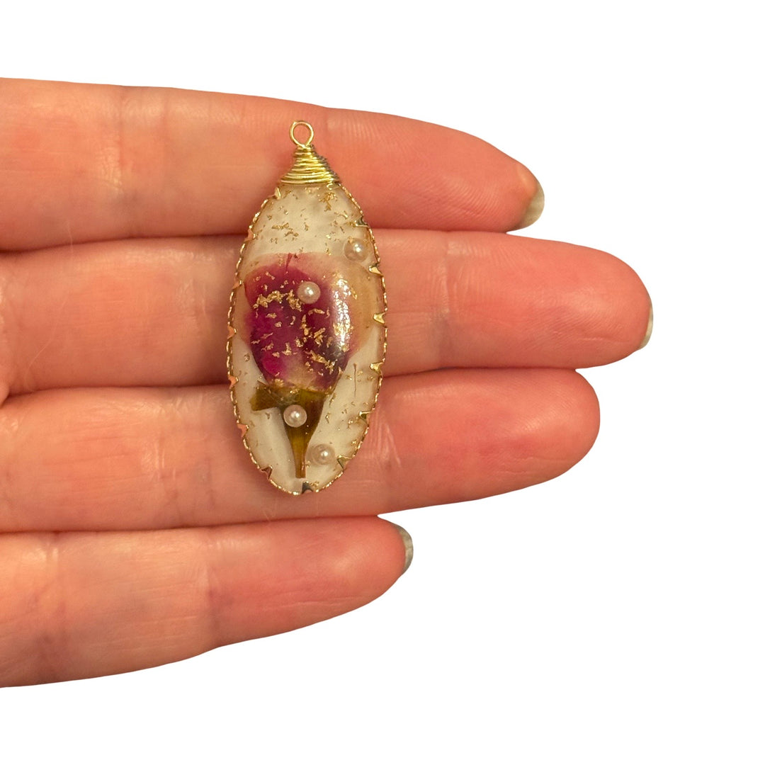 Real Dried Rosebud Epoxy Resin Marquise Pendant – Purple Flower with Pearl &amp; Gold Leaf, Approx 41x18mm