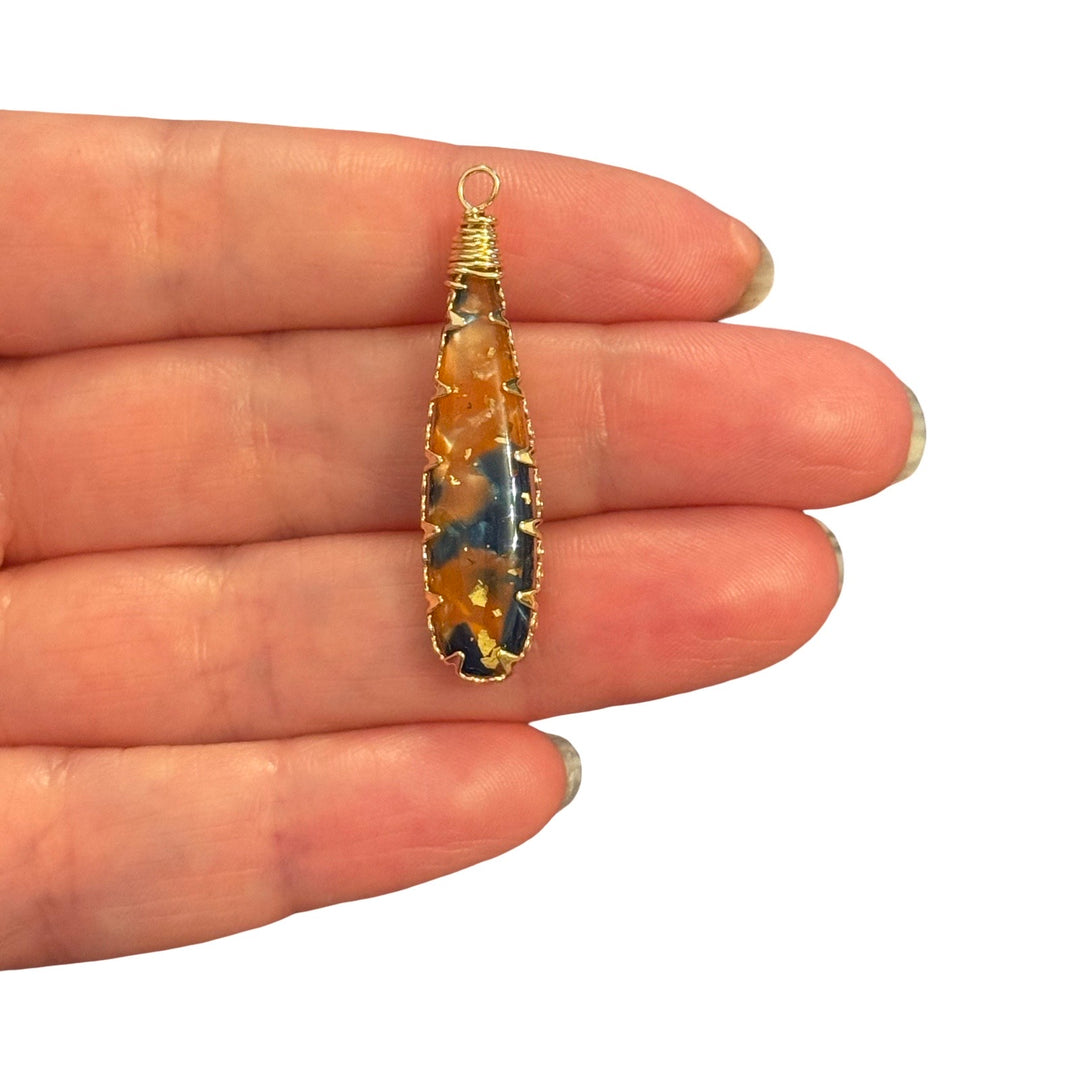Real Dried Blue &amp; Amber Flower Petal Epoxy Resin Long Drop Pendant – Gold Framed Botanical Charm, Approx 41x10mm