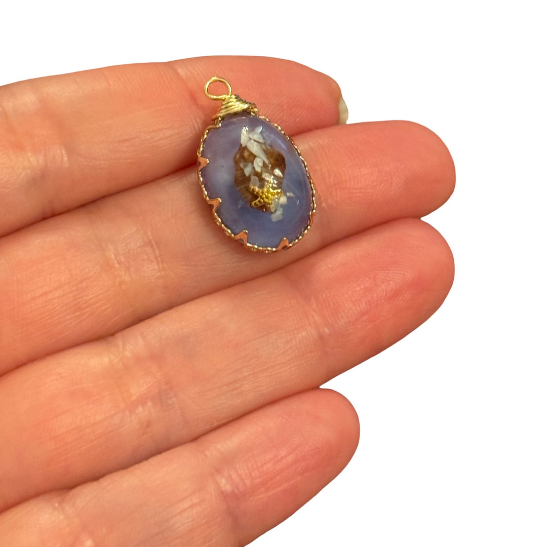 Seashell &amp; Gold Starfish Epoxy Resin Oval Pendant – Lavender Purple Ocean Charm, Approx 23x14mm