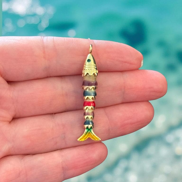 24K Gold Plated Articulated Gold Fish Pendant – 3D Moving Multicolor Enamel Fish Charm, 6-Segment Design,
