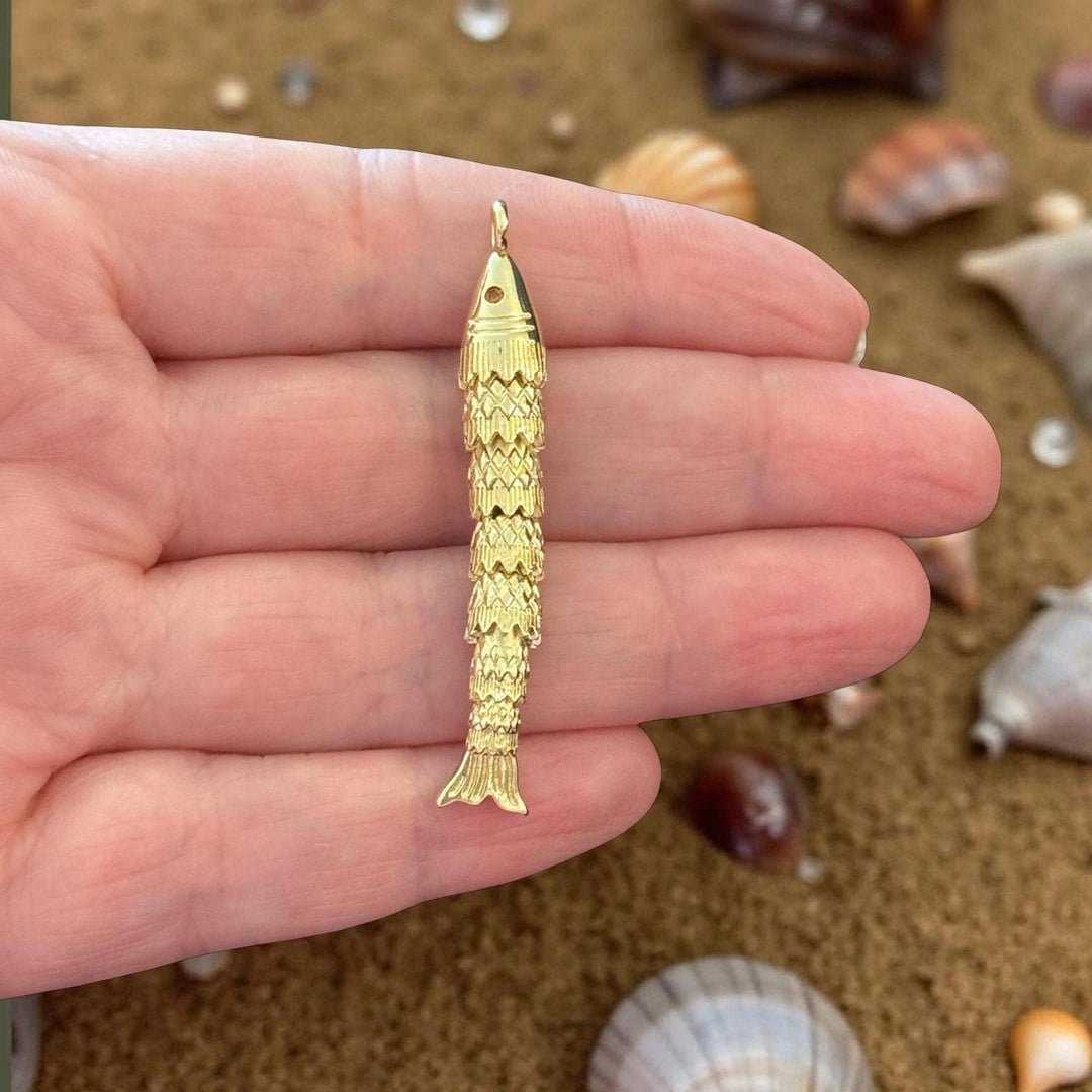 24K Gold Plated Articulated Gold Fish Pendant – 3D Moving Fish Charm, 7-Segment Design