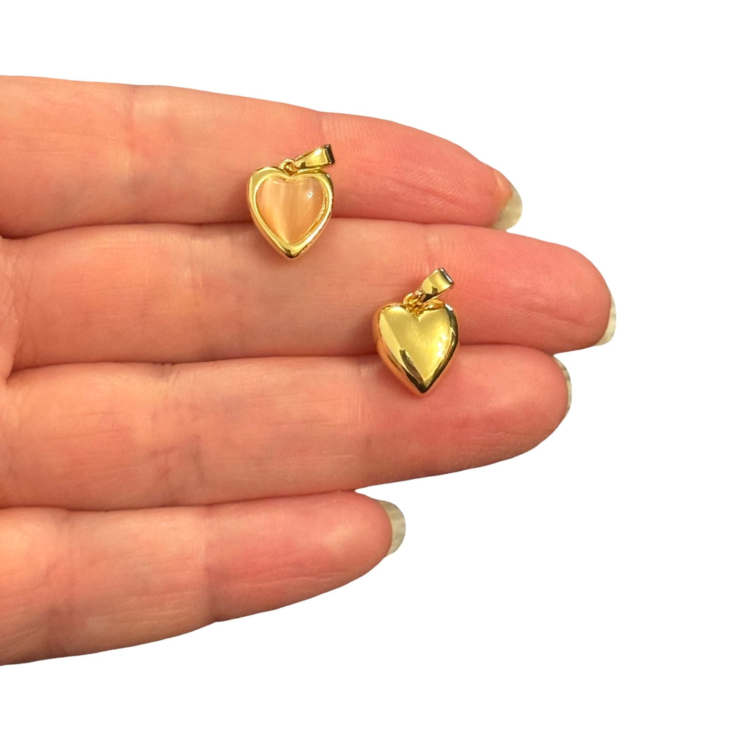 24Kt Gold Plated Brass Peach Cat’s Eye Glass Heart Pendant Charm with Bail – 17x11mm