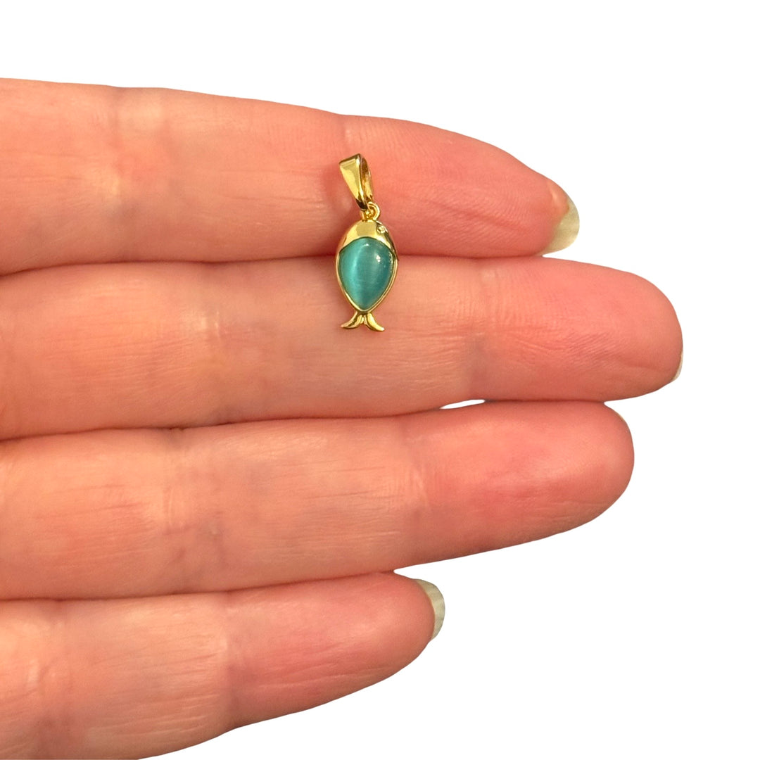 24Kt Gold Plated Brass Aqua Blue Cat’s Eye Glass Fish Pendant Charm with Bail – 18x6mm