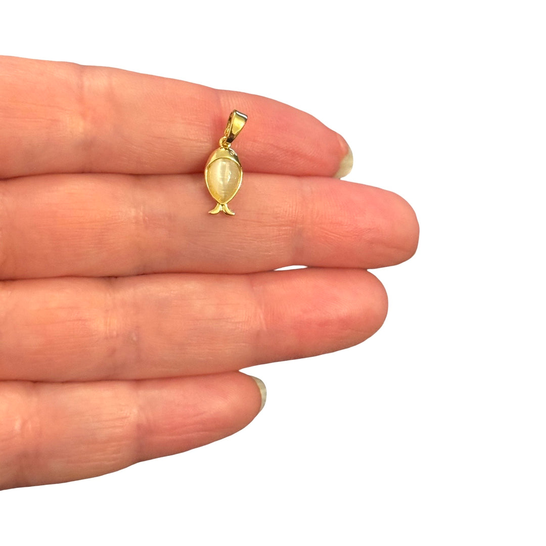24Kt Gold Plated Brass Ivory Cat’s Eye Glass Fish Pendant Charm with Bail – 18x6mm