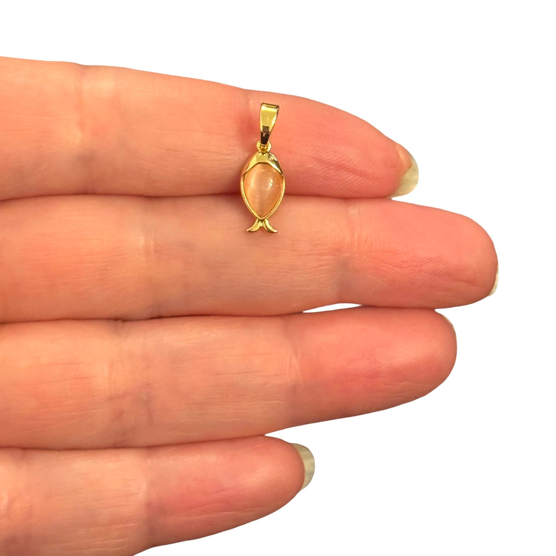 24Kt Gold Plated Brass Peach Cat’s Eye Glass Fish Pendant Charm with Bail – 18x6mm