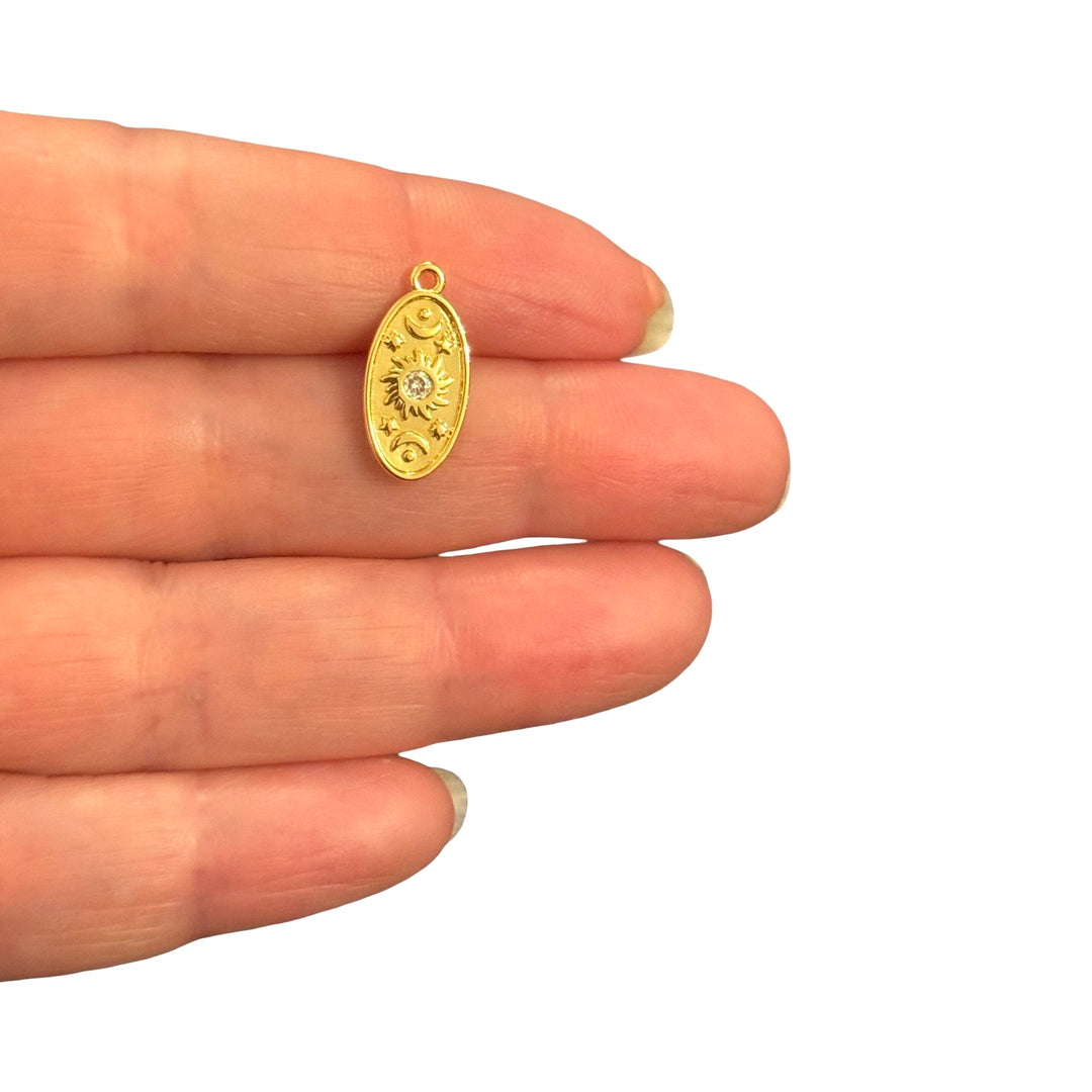 24Kt Gold Plated Brass Clear CZ Celestial Sun and Moon Oval Charm – 18x9mm