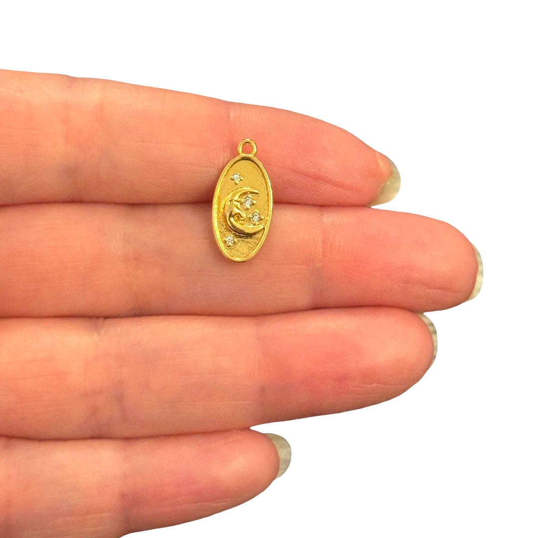 24Kt Gold Plated Brass Clear CZ Crescent Moon Face Oval Charm – 18x9mm