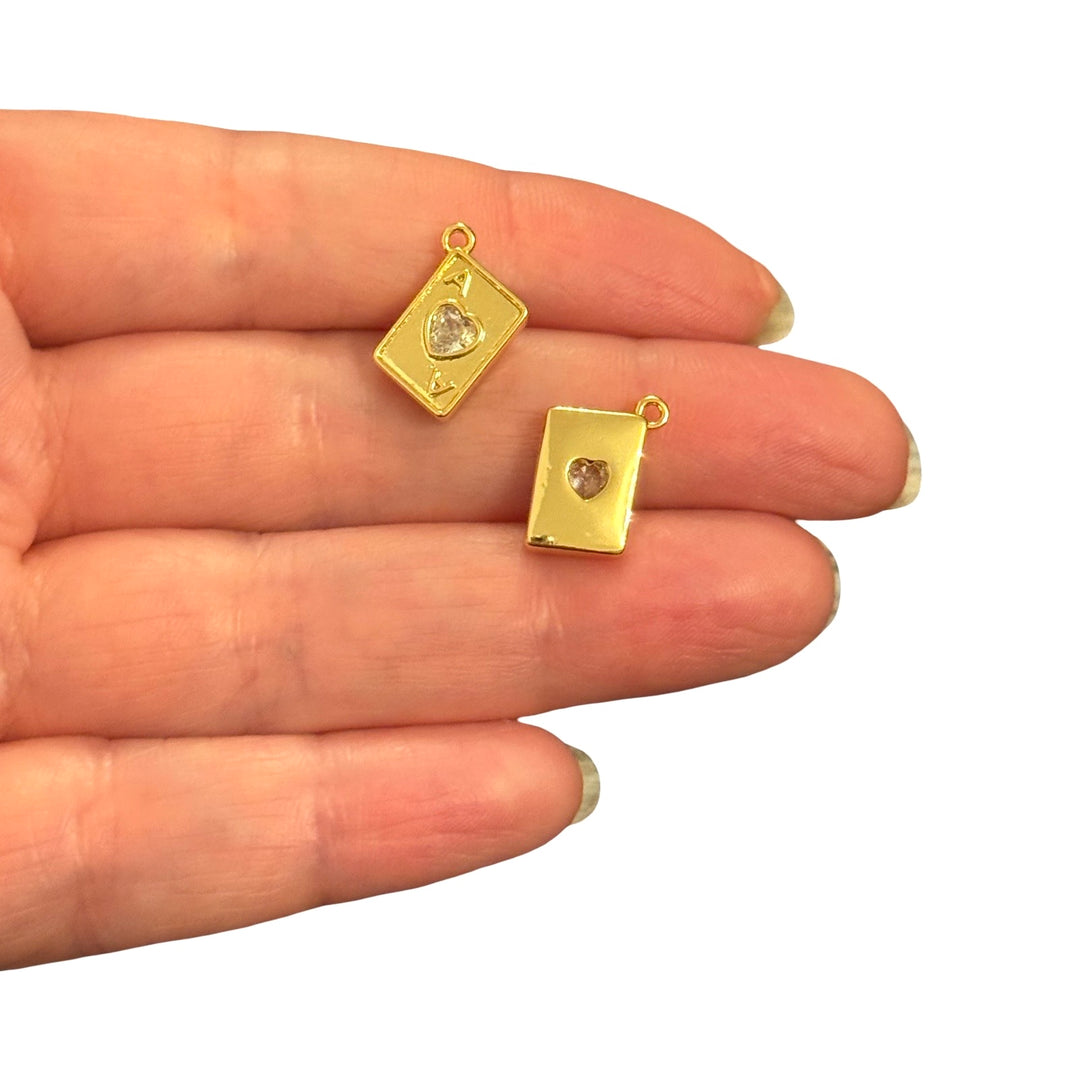 24Kt Gold Plated Brass Clear CZ Ace of Hearts Playing Card Charm – Double-Sided, 14x8mm