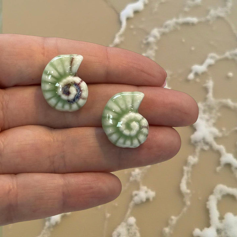 Handmade Ceramic Ammonite Beads – Set of 2, Light Green