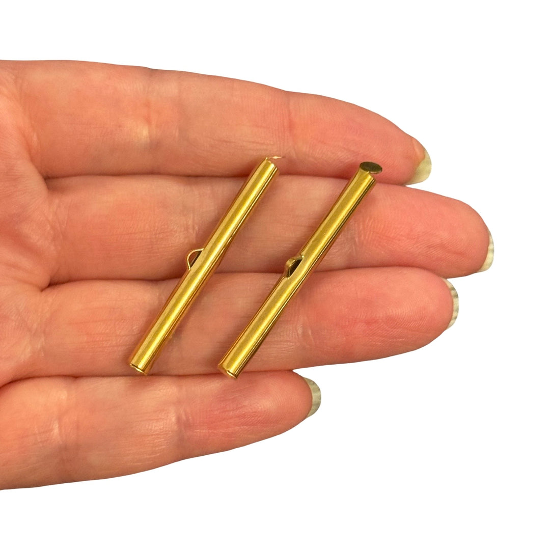 Waterproof 24Kt PVD Gold Plated Stainless Steel Slide End Tubes for Miyuki – 40mm Beadwork Ends for Delica &amp; Seed Beads, Pair