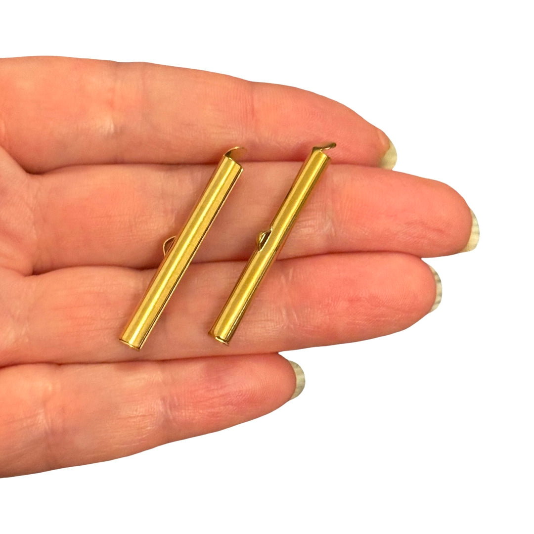 Waterproof 24Kt PVD Gold Plated Stainless Steel Slide End Tubes for Miyuki – 35mm Beadwork Ends for Delica &amp; Seed Beads, Pair