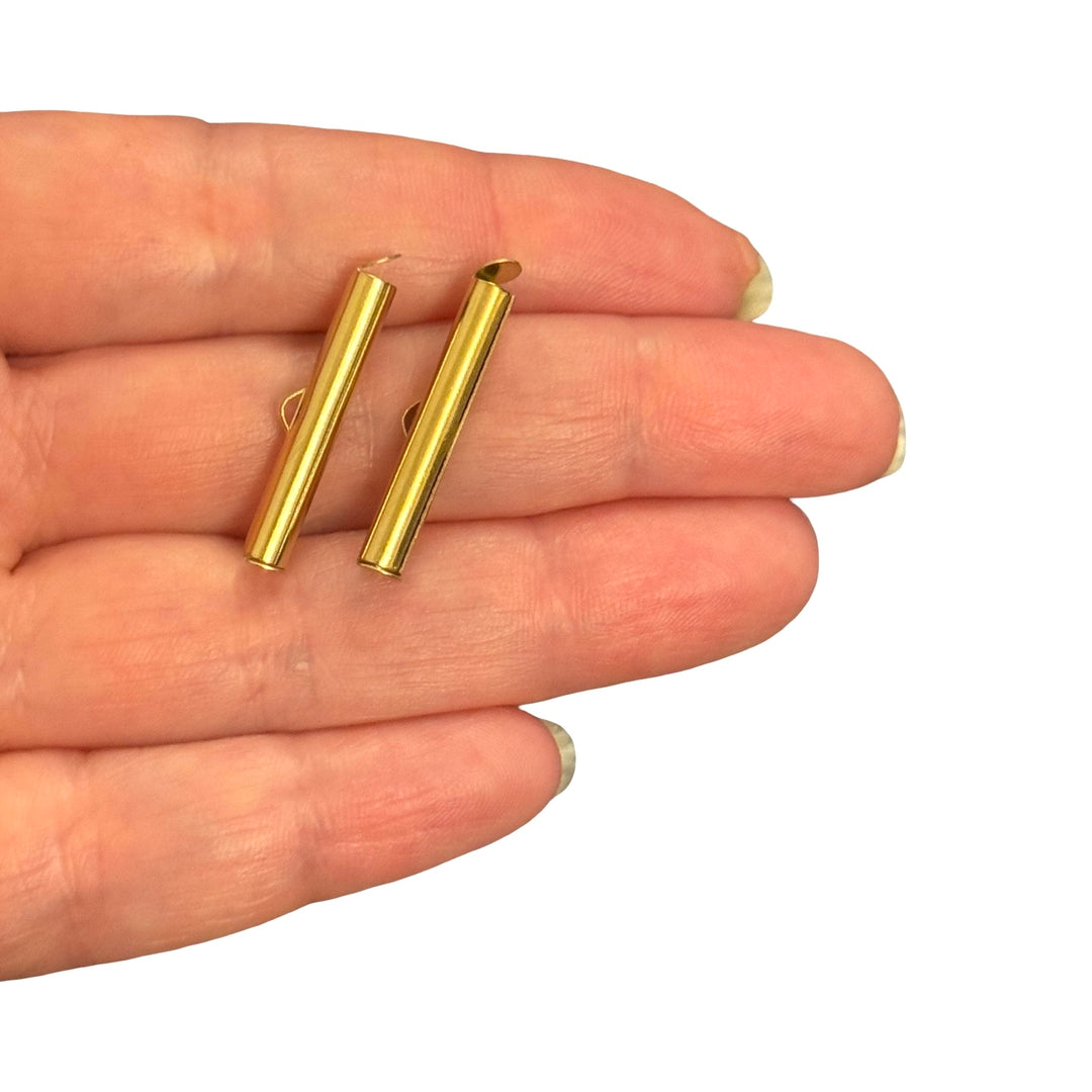 Waterproof 24Kt PVD Gold Plated Stainless Steel Slide End Tubes for Miyuki – 25mm Beadwork Ends for Delica &amp; Seed Beads, Pair