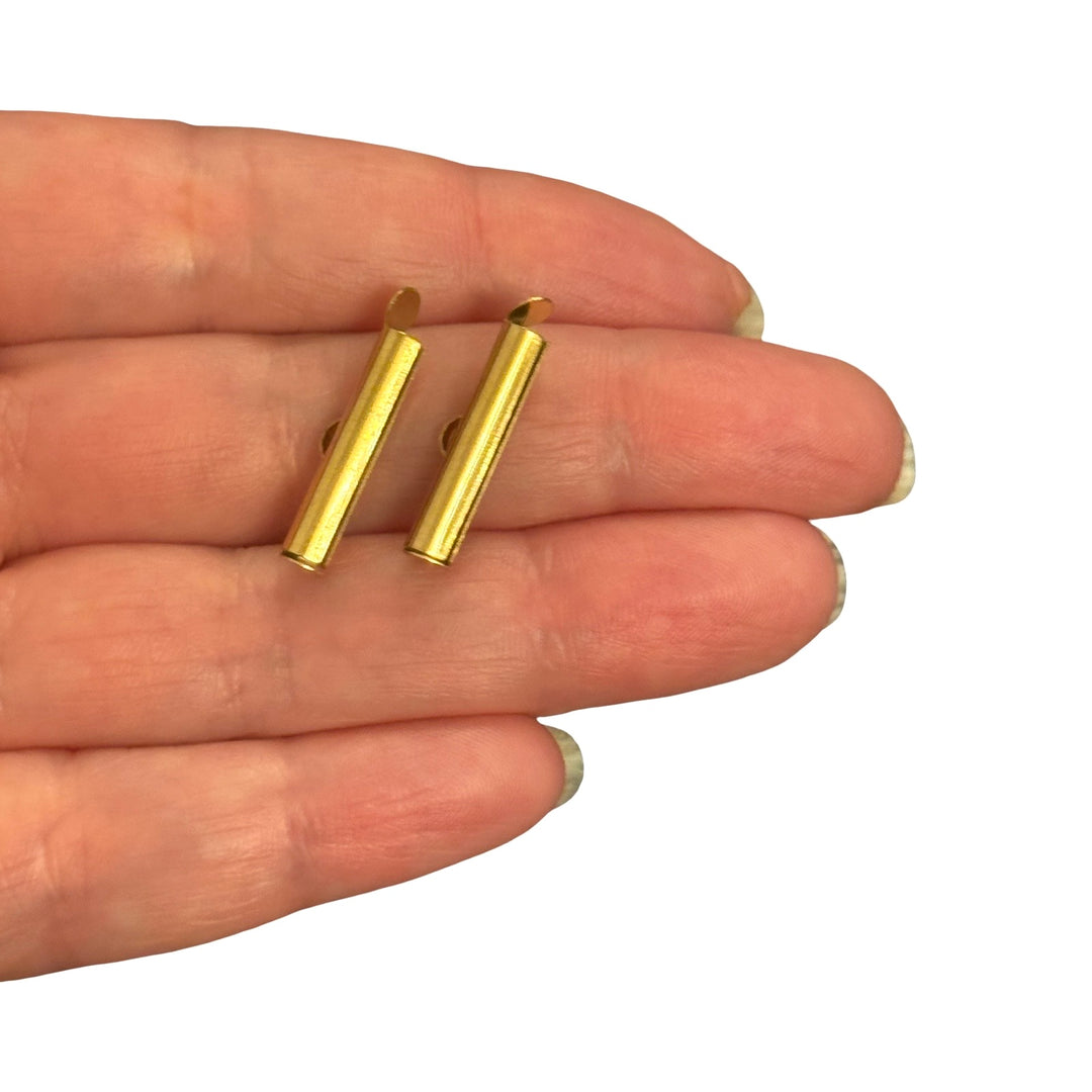Waterproof 24Kt PVD Gold Plated Stainless Steel Slide End Tubes for Miyuki – 20mm Beadwork Ends for Delica &amp; Seed Beads, Pair