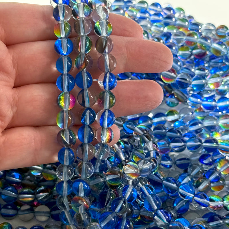 Aurora Borealis Dark Blue Mermaid Beads – Iridescent Round Glass Beads 8mm, 47 Beads per Strand
