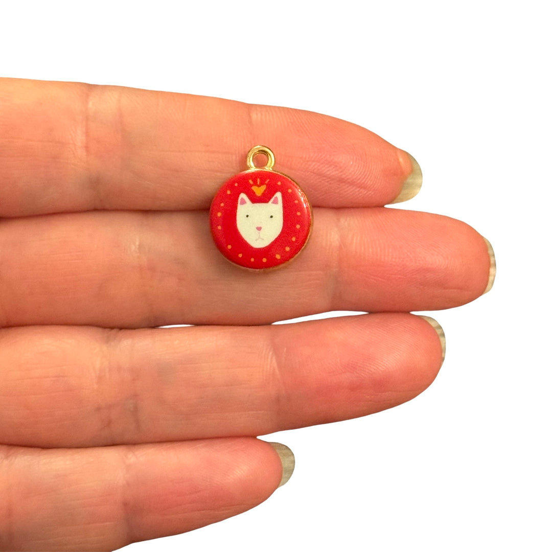 White Cat with Heart Double-Sided Printed Enamel 24Kt Gold Plated Charm – 18x15mm