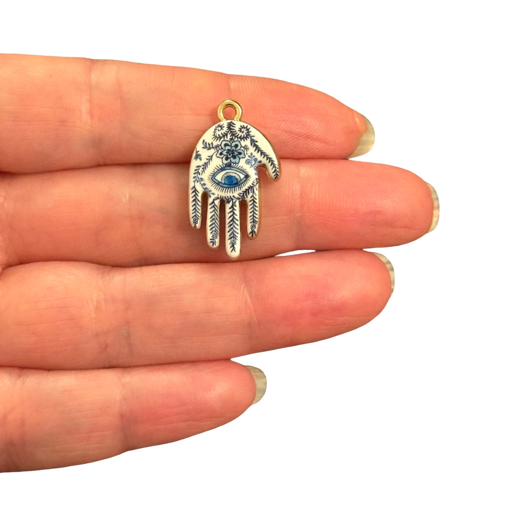 Blue Floral Hamsa Hand with Evil Eye Double-Sided Printed Enamel 24Kt Gold Plated Charm – 26x16mm