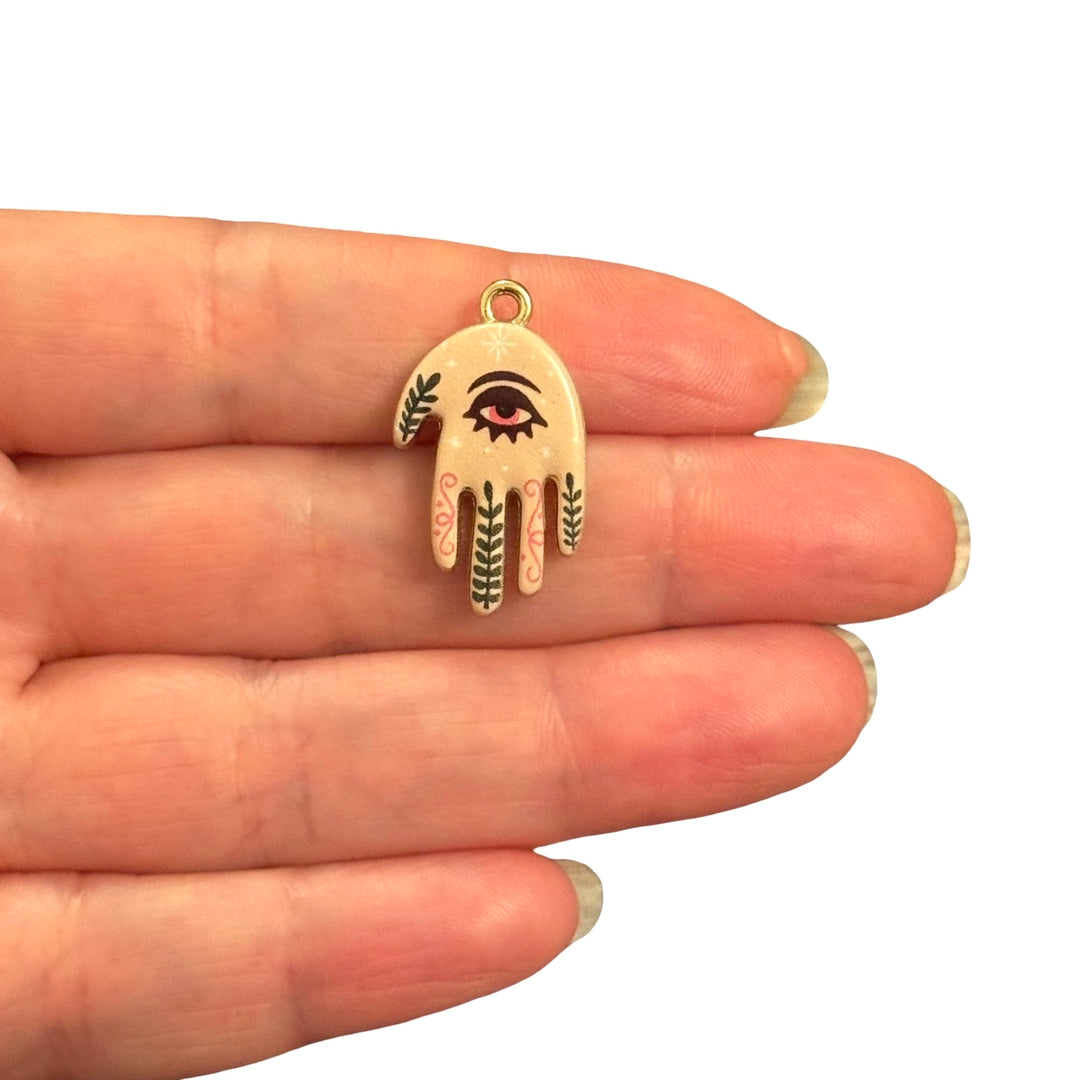 Ivory Botanical Hamsa Hand with Pink Evil Eye Double-Sided Printed Enamel 24Kt Gold Plated Charm – 26x16mm