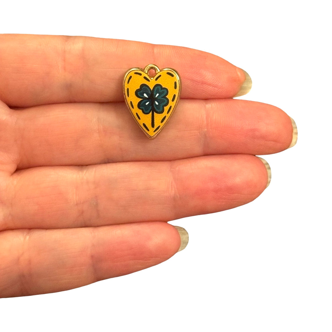 Mustard Yellow Four-Leaf Clover Heart Double-Sided Printed Enamel 24Kt Gold Plated Charm – 19x13mm